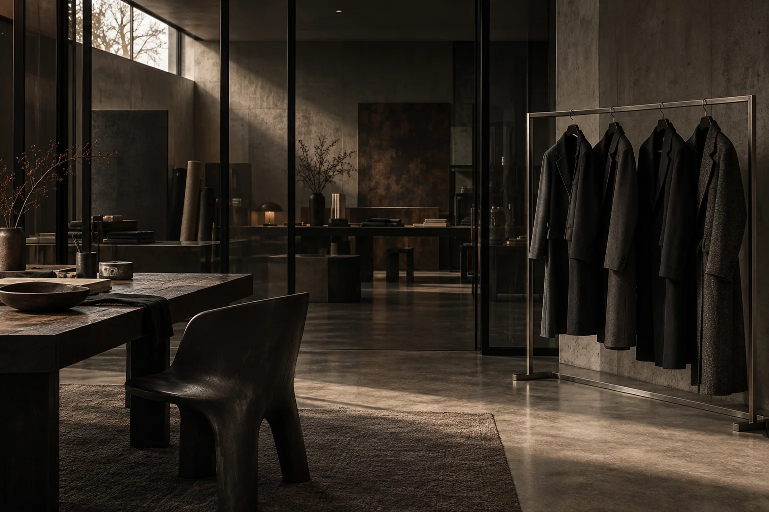 AI-generated illustration of a quiet fashion atelier and garment archive.