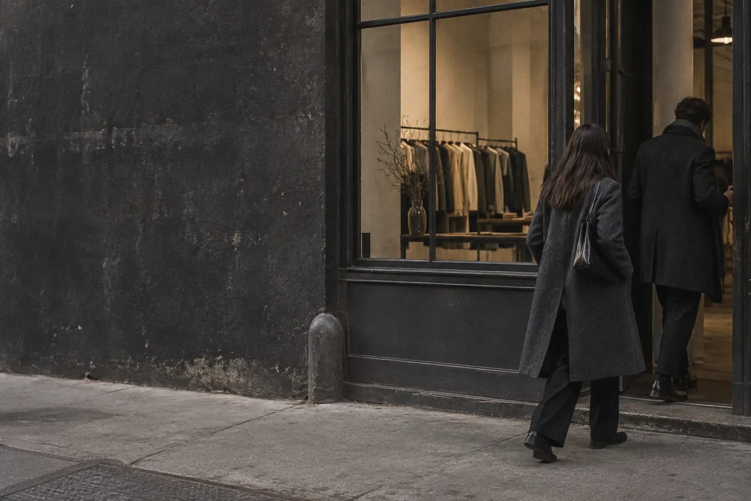 Illustrative AI-generated documentary-style scene outside an unbranded fashion showroom.